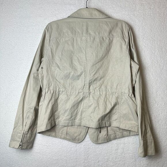 2/$30 Talbots Moto Jacket Asymmetrical Zip Size 14 Tan Neutral Cinch Waist - Picture 13 of 14